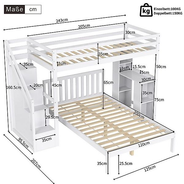 Flieks Etagenbett, Kinderbett mit Ablagefächern und Stauraumtreppe, 90x200c günstig online kaufen