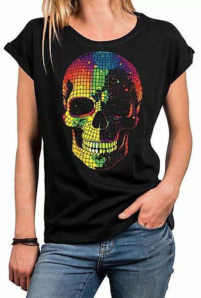 MAKAYA Print-Shirt Damen Skull Kurzarm Disco Top Totenkopf Motiv rockige So günstig online kaufen
