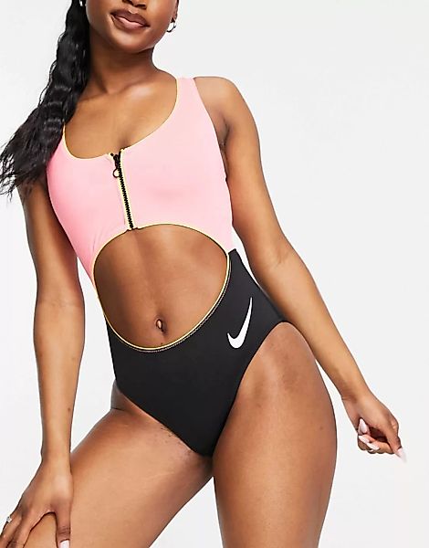 Nike Swimming – Badeanzug mit Zierausschnitt und Blockfarbendesign in Rosa günstig online kaufen
