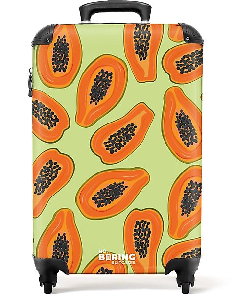 NoBoringSuitcases.com© Hartschalen-Trolley Grün mit orangefarbener Papaya günstig online kaufen