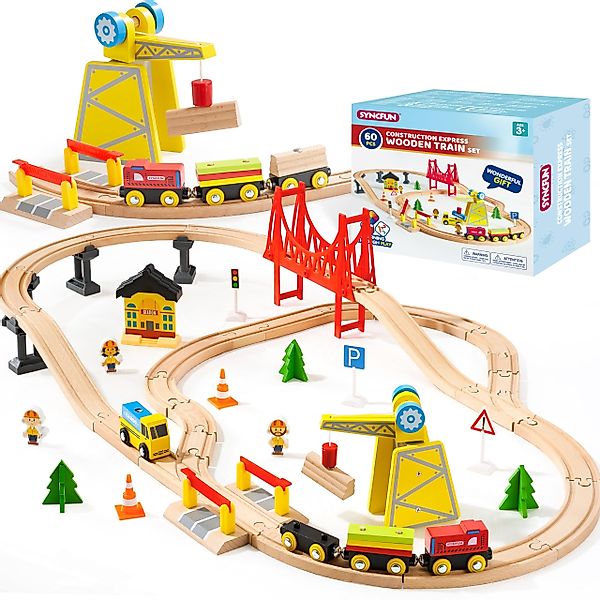 SYNCFUN Spielzeugeisenbahn-Schiene 60-teiliges Montessori Holzeisenbahn Set günstig online kaufen
