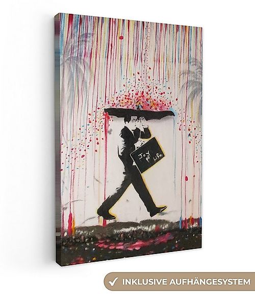 OneMillionCanvasses® Leinwandbild Regen - Graffiti - Mann - Banksy-Stil, Fo günstig online kaufen