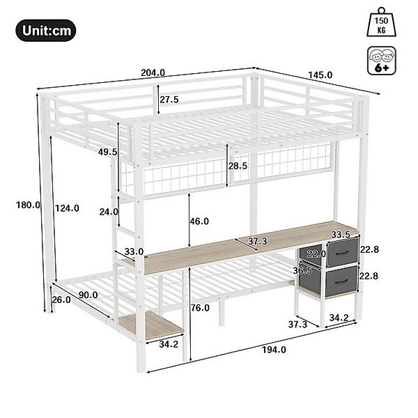 Flieks Etagenbett, Metallbett Kinderbett 90x200cm/140x200cm mit Schreibtisc günstig online kaufen