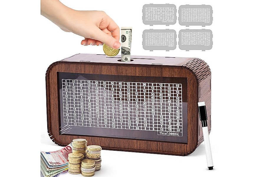 BlingBin Spardose 4-in-1 Spardose aus Holz Sparbox mit Zahlen Ankreuzen, Sp günstig online kaufen
