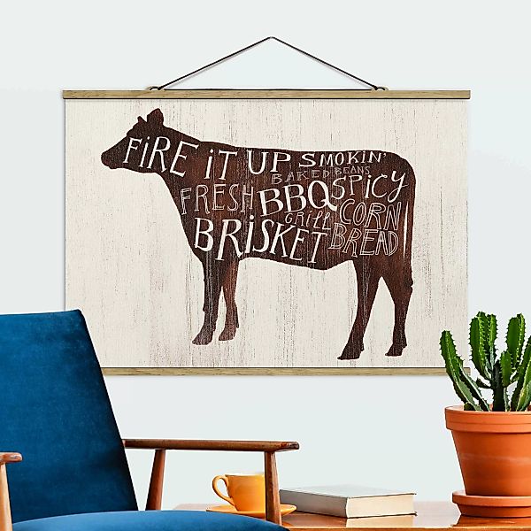 Stoffbild Tiere mit Posterleisten - Querformat Bauernhof BBQ - Kuh günstig online kaufen