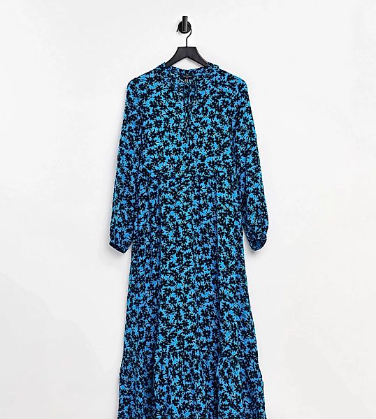 New Look Tall – Hängerkleid mit Bindeausschnitt und Rüschen in Blau geblümt günstig online kaufen