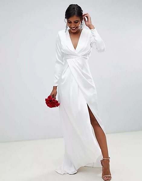 ASOS EDITION – Sadie – Plissiertes Brautkleid aus Satin mit tiefem Ausschni günstig online kaufen