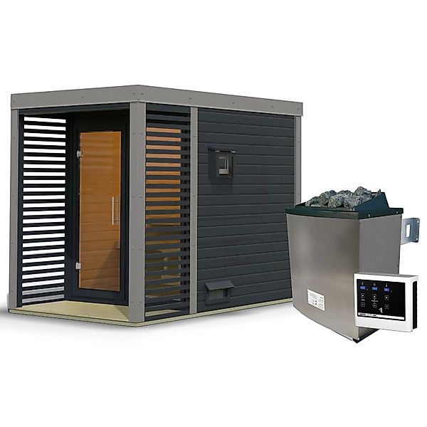 Karibu Saunahaus Seros 1 Zoll mit Ofen 9 kW Extern Anthrazit/Graualuminium günstig online kaufen