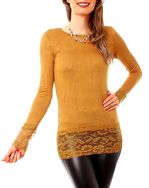 Muse Rundhalsshirt Langarm Longshirt mit Spitzensaum günstig online kaufen