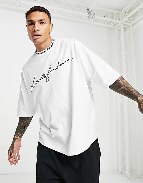 ASOS – Dark Future – Oversize-T-Shirt in Weiß mit Kragendetail und Logoprin günstig online kaufen