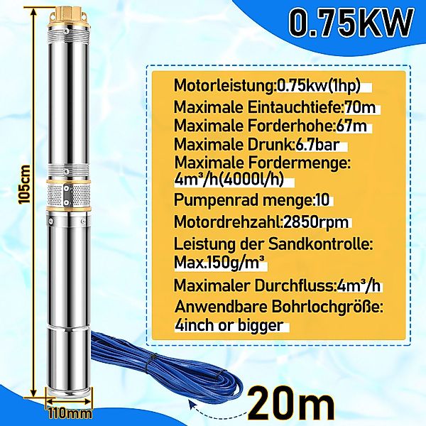 Clanmacy Tiefbrunnenpumpe Brunnenpumpe mit 4000L/h Fördermenge günstig online kaufen