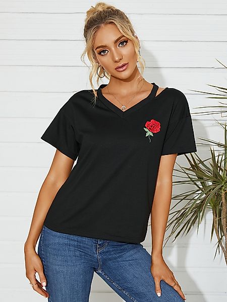 YOINS Rose Stickerei V-Ausschnitt Kurzarm T-Shirt günstig online kaufen