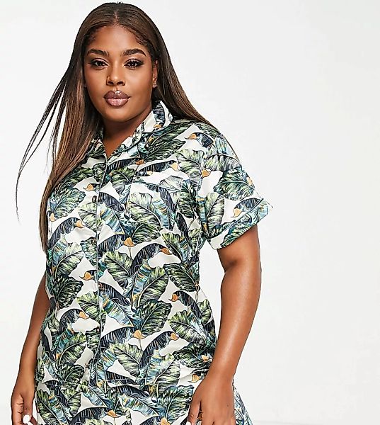 Night Plus – Pyjama-Set – Hemd und Shorts mit tropischem Muster in Grün günstig online kaufen