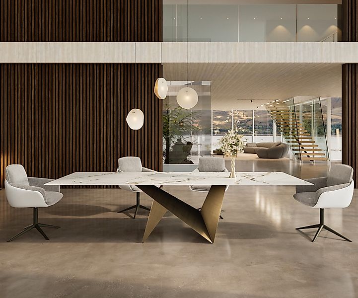 Esstisch Edge 300x100 Keramik Calacatta Luxe Weiß-Gold-Grau Origami Metalli günstig online kaufen