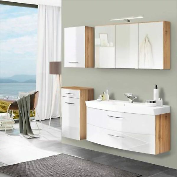Lomadox Badmöbel Set mit 120cm Waschtisch FLORIDO-03-OAK weiß Hochglanz mit günstig online kaufen