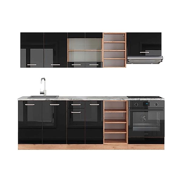Vicco R-Line Küchenzeile Schwarz Hochglanz/Goldkraft Eiche 240 cm AP Marmor günstig online kaufen