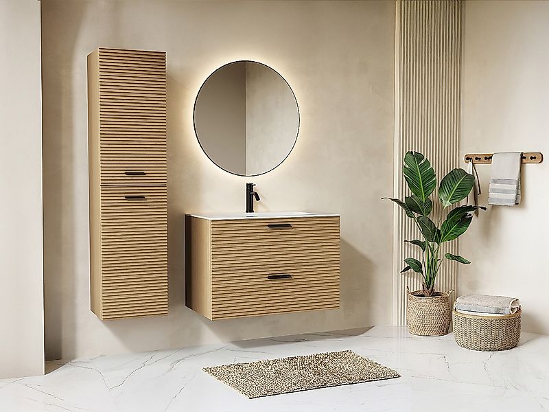 Badhochschrank hängend gestreift - Holzfarben hell - H. 140 cm - SARONE günstig online kaufen