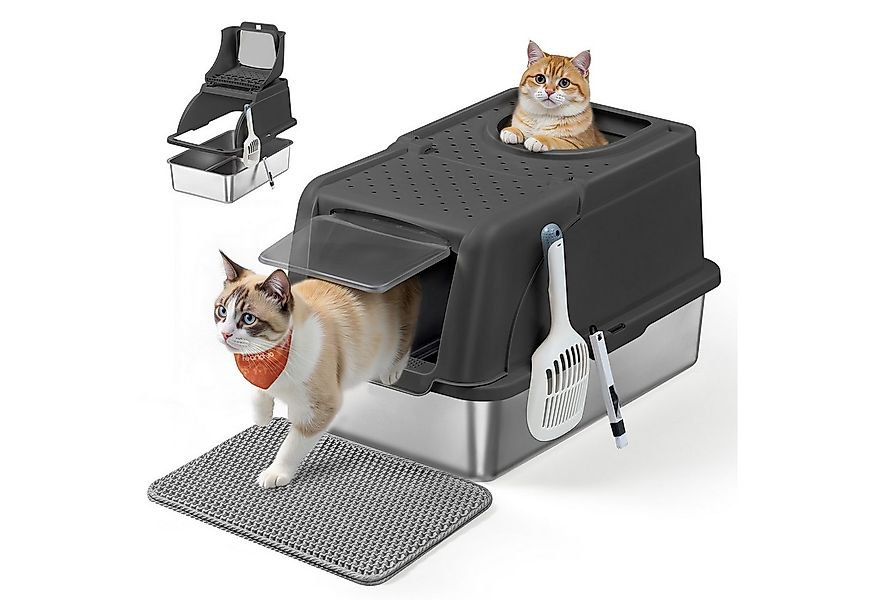 FEANDREA Katzentoilette, Edelstahl, XL, mit Deckel, 2 Eingängen günstig online kaufen