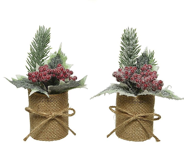 Kunstpflanze, Kaemingk, Tanne mit Stechpalme und Beeren im Jute Topf 15cm, günstig online kaufen