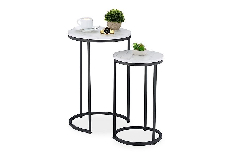 relaxdays Satztisch 2er Set Marmoroptik & Metall, Weiß-Schwarz günstig online kaufen