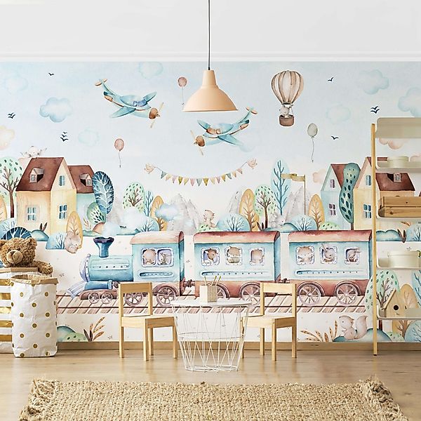 Bilderdepot24 Kindertapete Aquarell Eisenbahn Party Kinderzimmer, günstig online kaufen