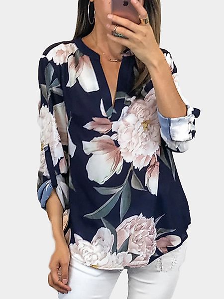 Navy Random Blumendruck V-Ausschnitt Langarm Casual Bluse günstig online kaufen