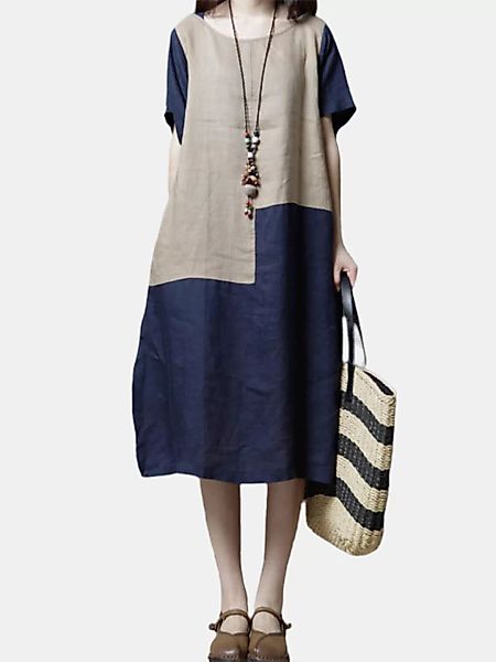 Vintage Patchwork Kurzarm O-Ausschnitt Midi Kleid günstig online kaufen