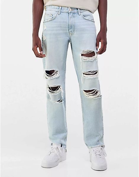 Bershka – Jeans mit 90er-Schnitt und Abnutzungen in Blau günstig online kaufen