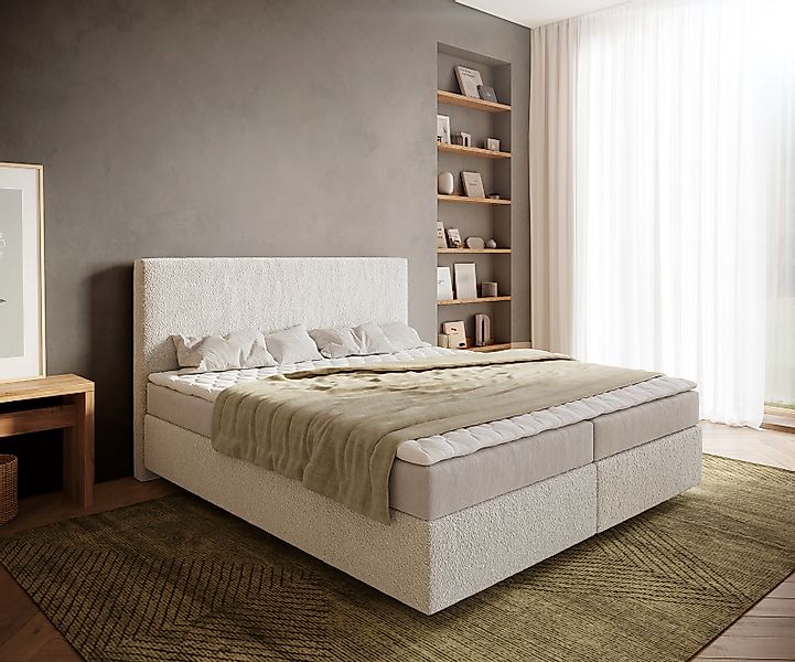 Boxspringbett Dream-Well 180x200 cm Bouclé Creme-Weiß mit Matratze und Topp günstig online kaufen