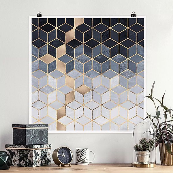 Poster Abstrakt - Quadrat Blau Weiß goldene Geometrie günstig online kaufen