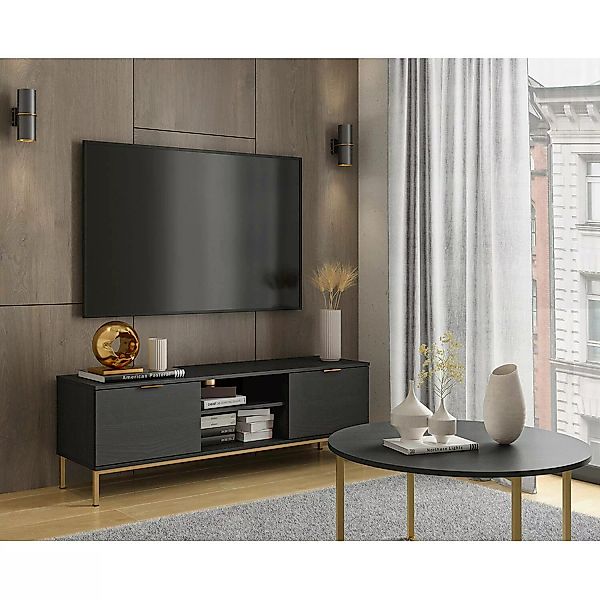 TV-Lowboard mit rundem Couchtisch, 80cm, in Esche schwarz Nb. PERIA-132 günstig online kaufen