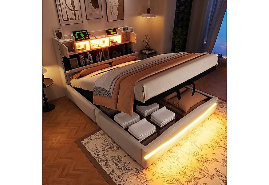 Odikalo Stauraumbett Jugendbett Polsterbett USB Kopfteil Hydraulik 140/160x günstig online kaufen