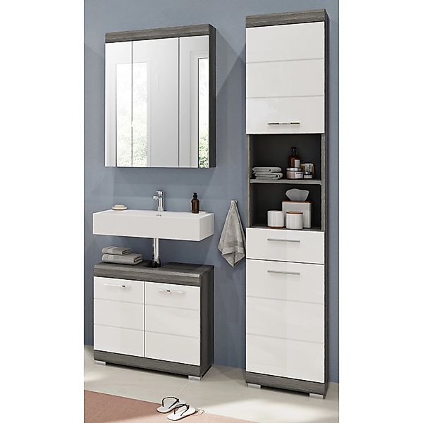 Inn.Furn Badmöbel-Set Weiß Hochglanz Grau 3-teilig 112 cm 17 Fächer Shawn günstig online kaufen