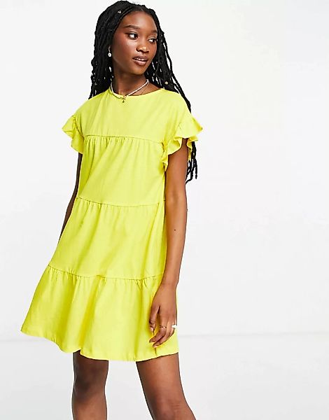 ASOS DESIGN – Gestuftes Hängerkleid mit Rüschenärmeln in leuchtendem Gelb günstig online kaufen