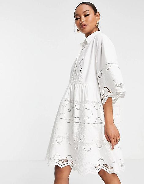 ASOS EDITION – Mini-Hemdkleid mit Cutwork in Weiß günstig online kaufen