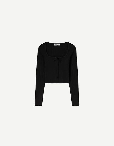 Bershka Pullover Mit Kastenausschnitt Und Schleife Damen Xs Schwarz günstig online kaufen