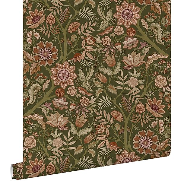 ESTAhome Tapete Blumenmuster Dunkelgrün und Terrakottabraun 50 x 900 cm günstig online kaufen
