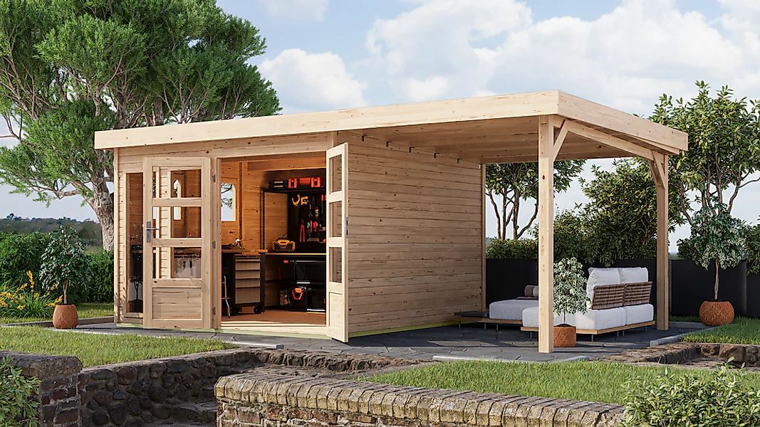 Karibu Gartenhaus "Langesee 6 mit Anbaudach", aus hochwertiger nordischer F günstig online kaufen