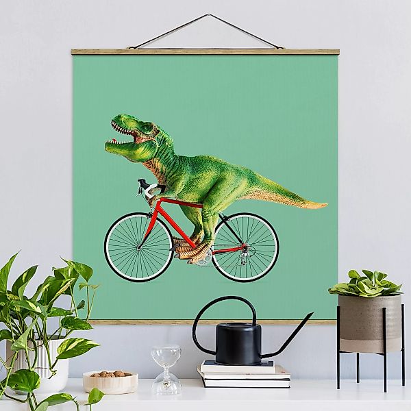 Stoffbild Kinderzimmer mit Posterleisten - Quadrat Dinosaurier mit Fahrrad günstig online kaufen