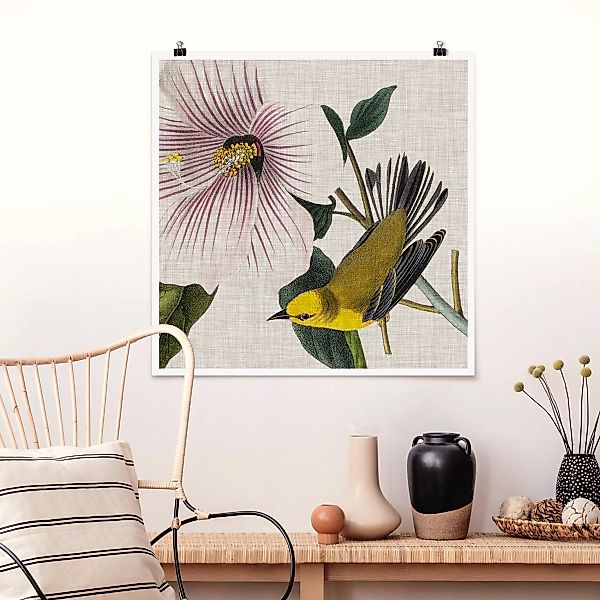 Poster Blumen - Quadrat Vogel auf Leinen Gelb I günstig online kaufen