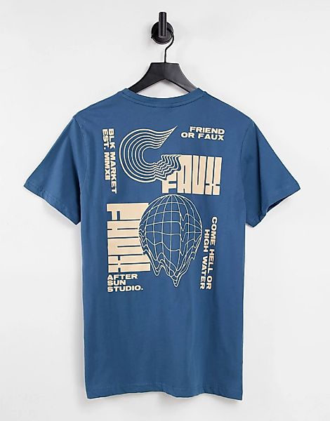 Friend or Faux – Charter – T-Shirt in Blau mit Print am Rücken günstig online kaufen