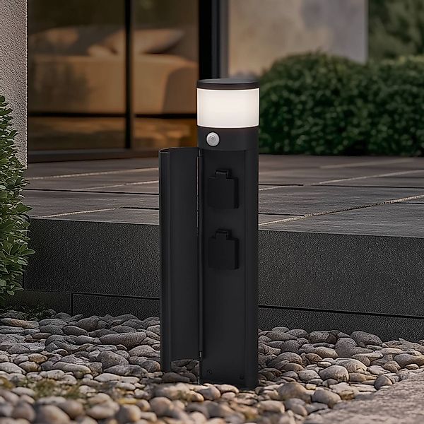 Lucande Sockellampe Corban, grau, Sensor, Steckdosen, IP44 günstig online kaufen