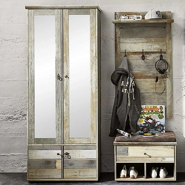 Flur Garderoben Set BRANSON-36 in Driftwood Nb. Dielenschrank mit Spiegel B günstig online kaufen