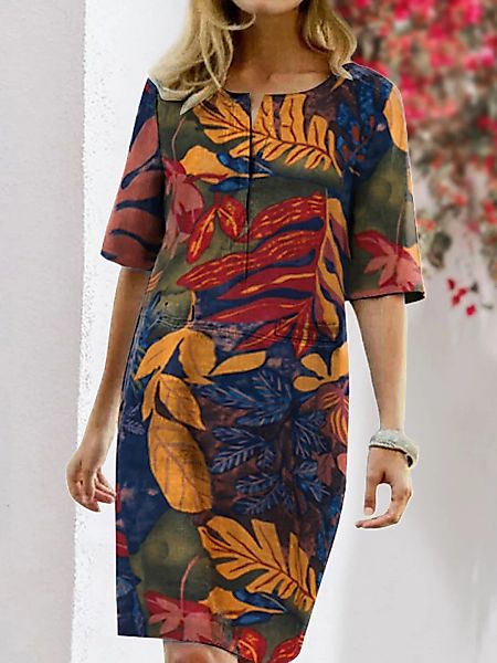 Blumendruck geteilte geteilte O-Ausschnitt-Halbarm Vintage Kleid günstig online kaufen