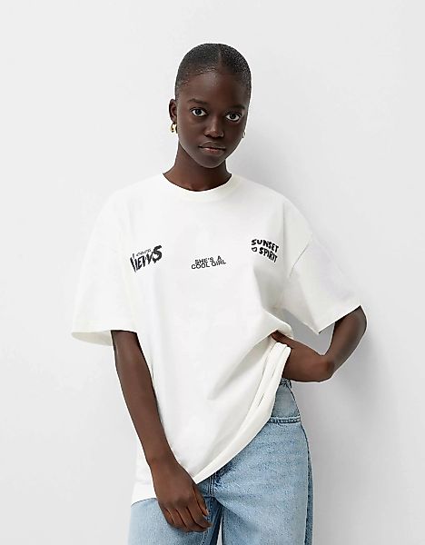 Bershka T-Shirt Mit Print Damen Xs Rohweiß günstig online kaufen