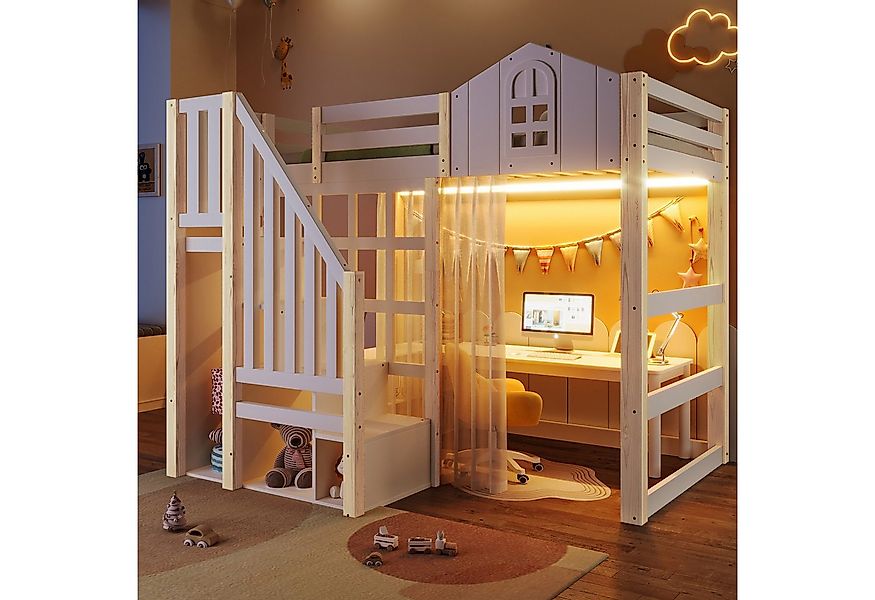 Flieks Hochbett Kinderbett Hausbett 90×200cm mit LED, Gazevorhang, Stauraum günstig online kaufen