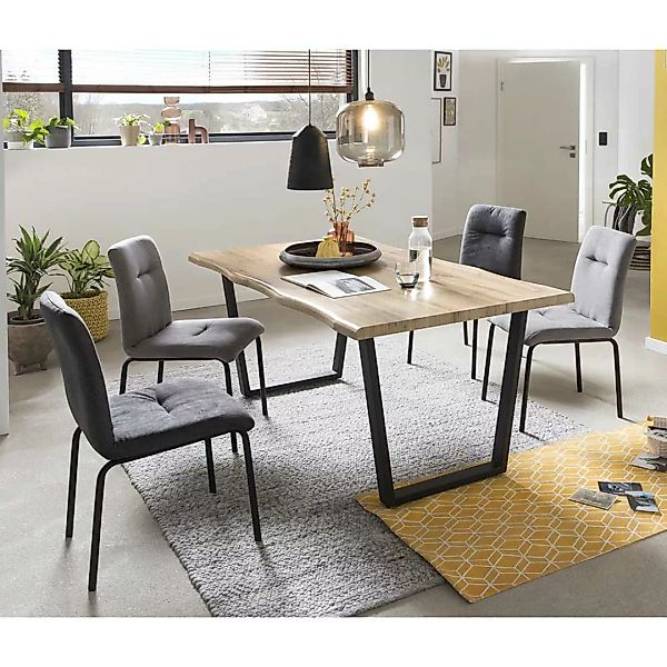 Esszimmersitzgruppe in Wildeichefarben und Grau 160 cm Baumkantentisch (fün günstig online kaufen