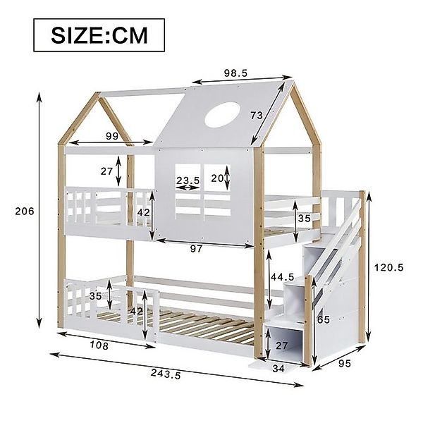 Flieks Etagenbett, Massivholz Hausbett Kinderbett 90x200cm mit Stauraumtrep günstig online kaufen