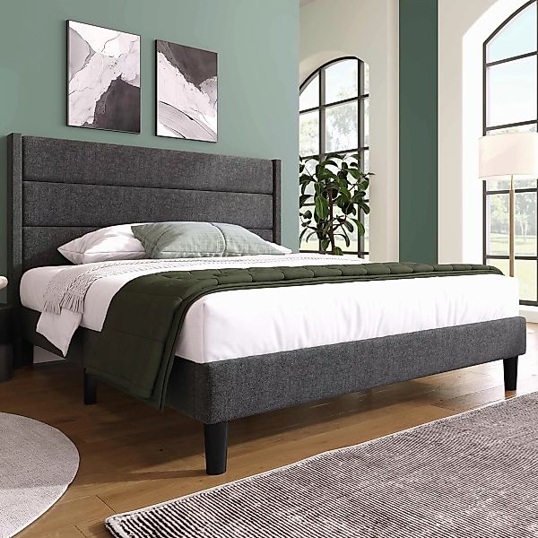 Bettgestell 140x200, Modernes Doppelbett, Dunkelgrau mit Lattenrost und Kop günstig online kaufen