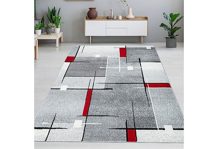 Carpetia Teppich Designerteppich mit grafischem Muster – Grau, Rot & Weiß, günstig online kaufen